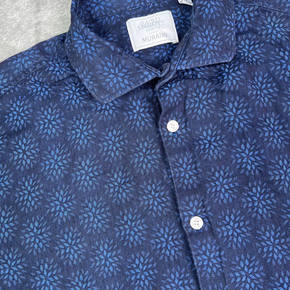 Murano Baird McNutt Linen Shirt Mens M Blue Geometric Short Sleeve Button Down‎